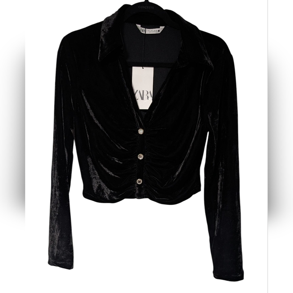 Zara Black Velvet Jewel Button-Up Crop Top With Long Sleeves, Women's Size L NWT